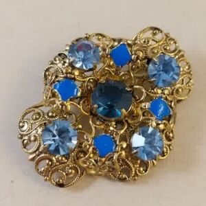 Vintage Czech Gold-Tone Blue Crystal Floral Brooch - Women's Jewelry